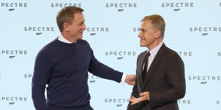 Actors from left, Daniel Craig and Christoph Waltz greet one another before they pose for photographers at the announcement for the new Bond film, the 24th in the series, at Pinewood Studios in west London, Thursday, Dec. 4, 2014. The title of the new Bond production is Spectre. (Photo by Joel Ryan/Invision/AP)